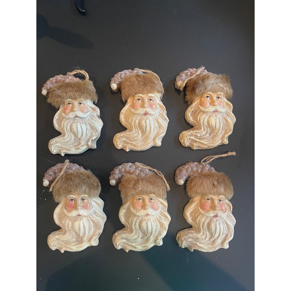 Set of 6 Vintage Inspired Santa Claus Christmas Ornaments Glitter Furry Beards